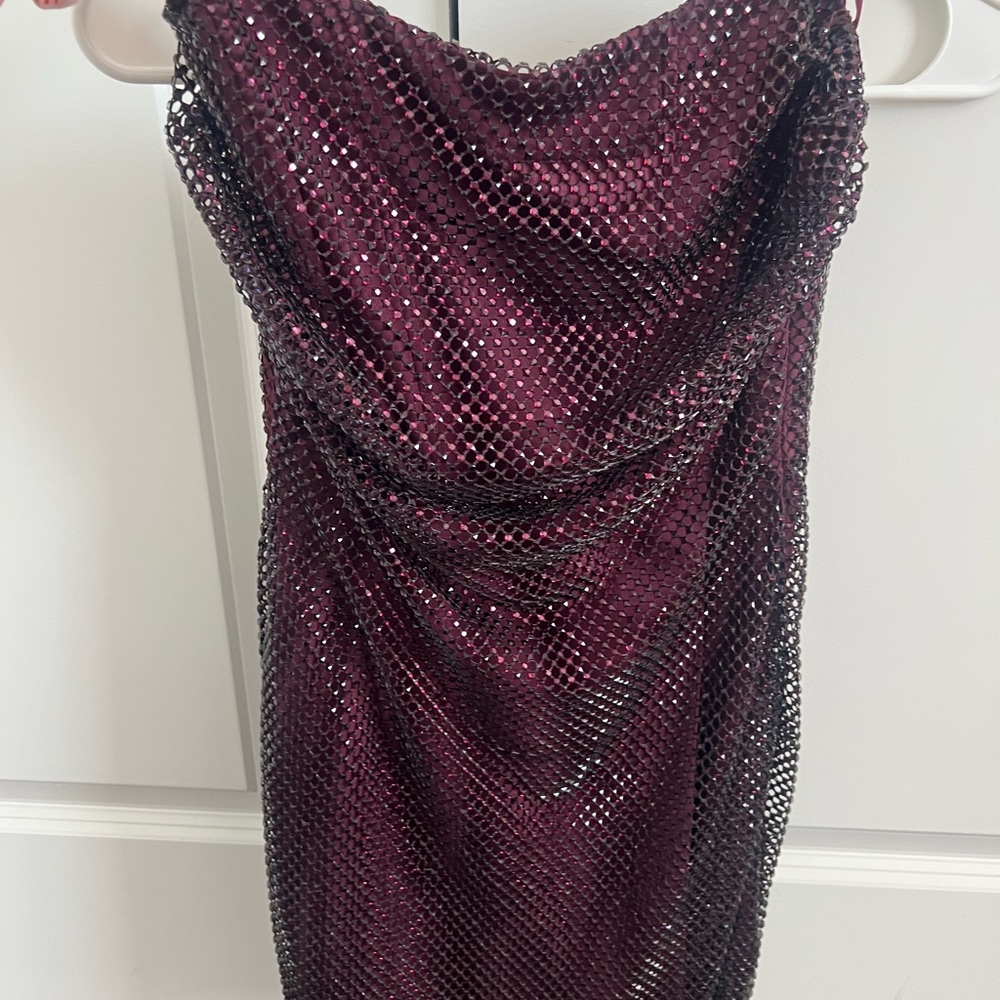 Zara Burgundy Sequin Mesh Strapless Mini Dress - Picture 6 of 8